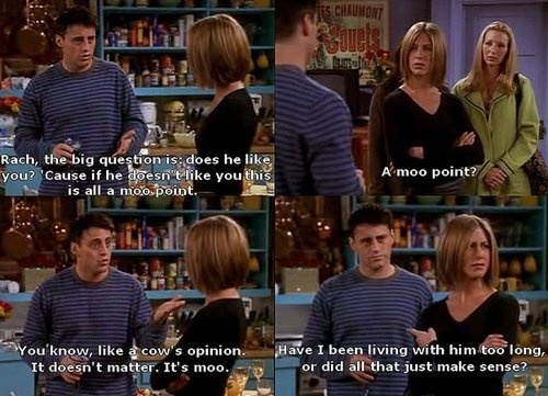 Moo Point Moo Point,cow point, friend tv show, friends, guys talk, How You Doin, joey, pickup line, tv show, woman, Woman Talk,