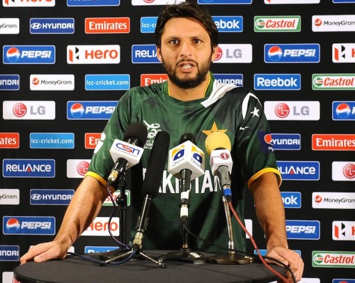 Pakistan cricketer Shahid Afridi talks to the media during the open media sessions ahead of the ICC Twenty20 Cricket World Cup in Colombo on September 13, 2012.  The two-yearly tournament in cricket's shortest format will be played from September 18 to October 7, with Hambantota holding three matches, Pallekele nine and capital Colombo fifteen.  AFP PHOTO/ LAKRUWAN WANNIARACHCHI        (Photo credit should read LAKRUWAN WANNIARACHCHI/AFP/GettyImages)