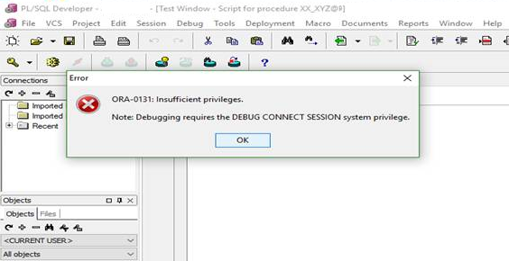 ORA-0131: Insufficient privileges,ORA-0131,Insufficient privileges,ORA 0131,ORA Error, Insufficient, privileges,DEBUG CONNECT SESSION,system privilege,Debugging requires the DEBUG CONNECT,ORA Debugging,ORA Debugging,ORA Debugging requires,Oracle APPS DBA,ORACLE DBA,ORACLE DB,