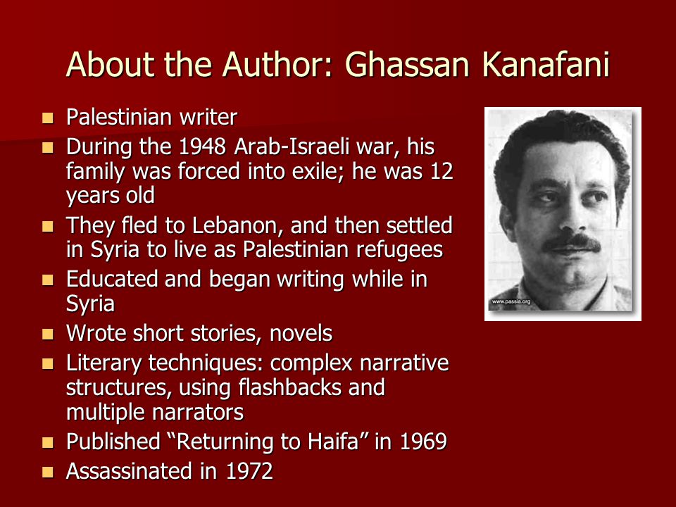 About The Author,Ghassan Kanafani,Palestinian Writer,Palestinian,Writer of Palestinian,Arab - Israeli,Arab Israeli War,Arab Israeli,Syria,Short Stories,Novels,Returning To Haifa,Ghassan,Kanafani